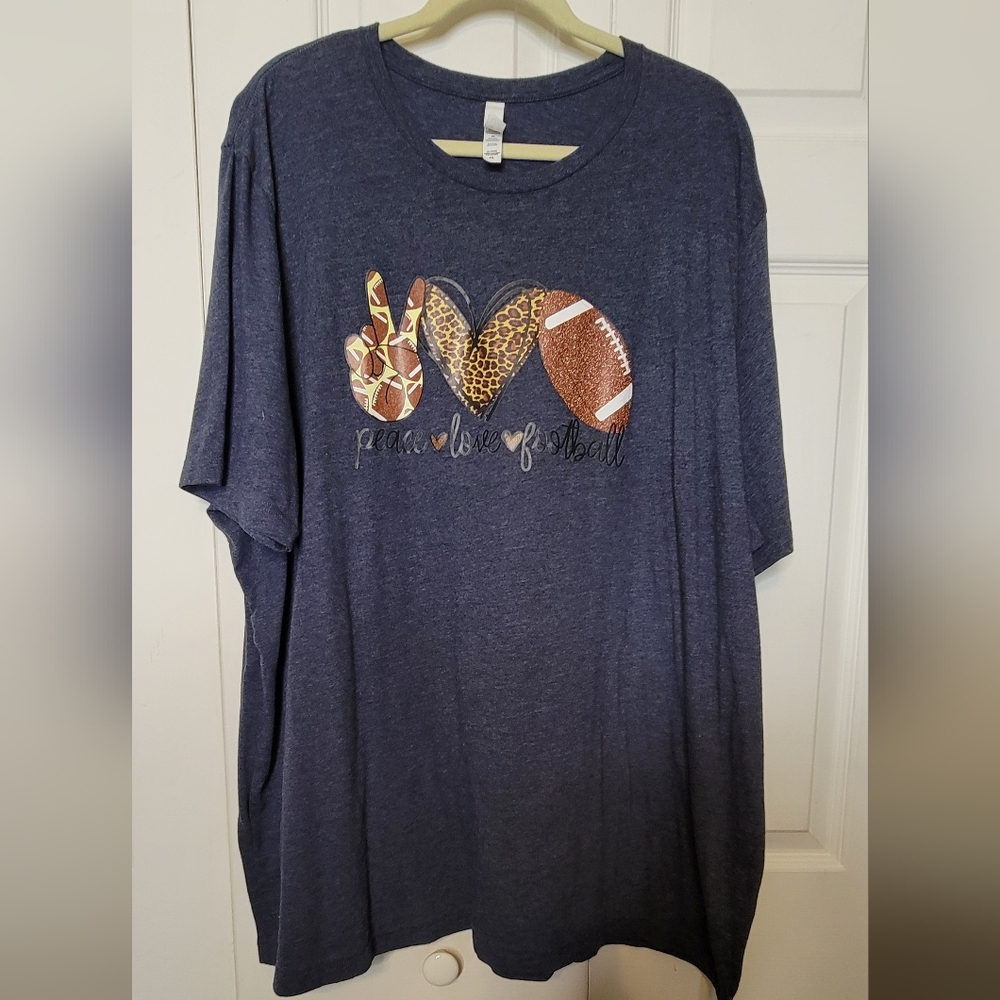 #506 Blue Heathered Graphic T-Shirt with Peace Love Football Design.Sz4XL